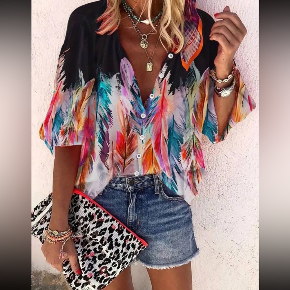 Boho western vintage feather print button down blouse